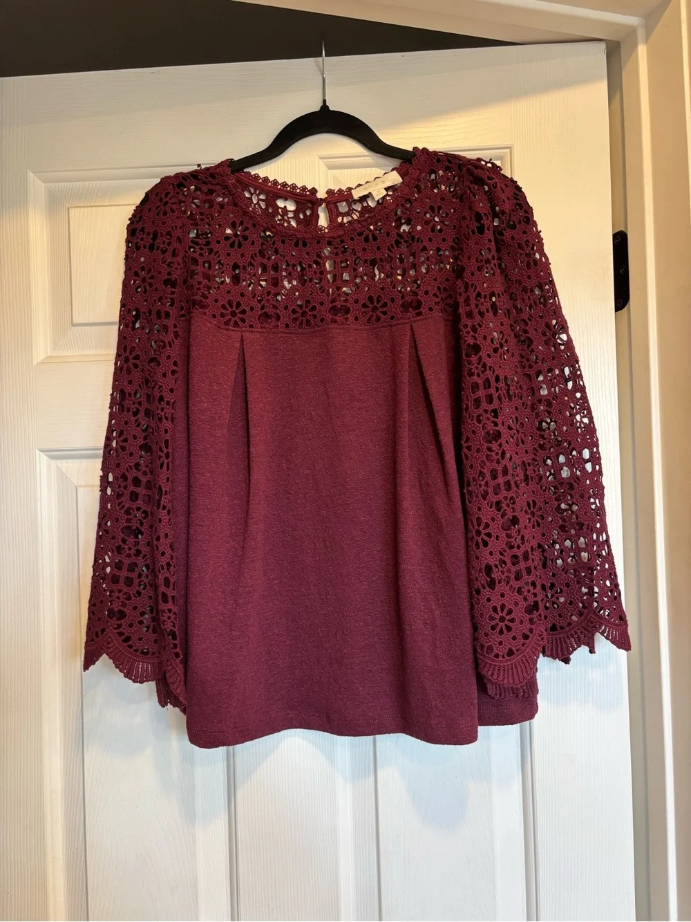 Anthropologie Burgundy Crochet Yoke Long-Sleeve Blouse